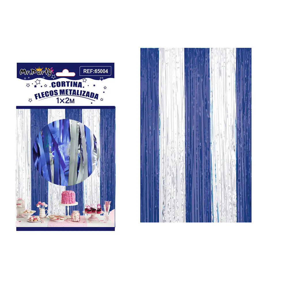 Cortina de flecos metalizada azul y plateado 1m*2m