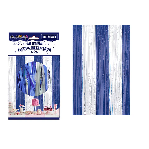 Cortina de flecos metalizada azul y plateado 1m*2m
