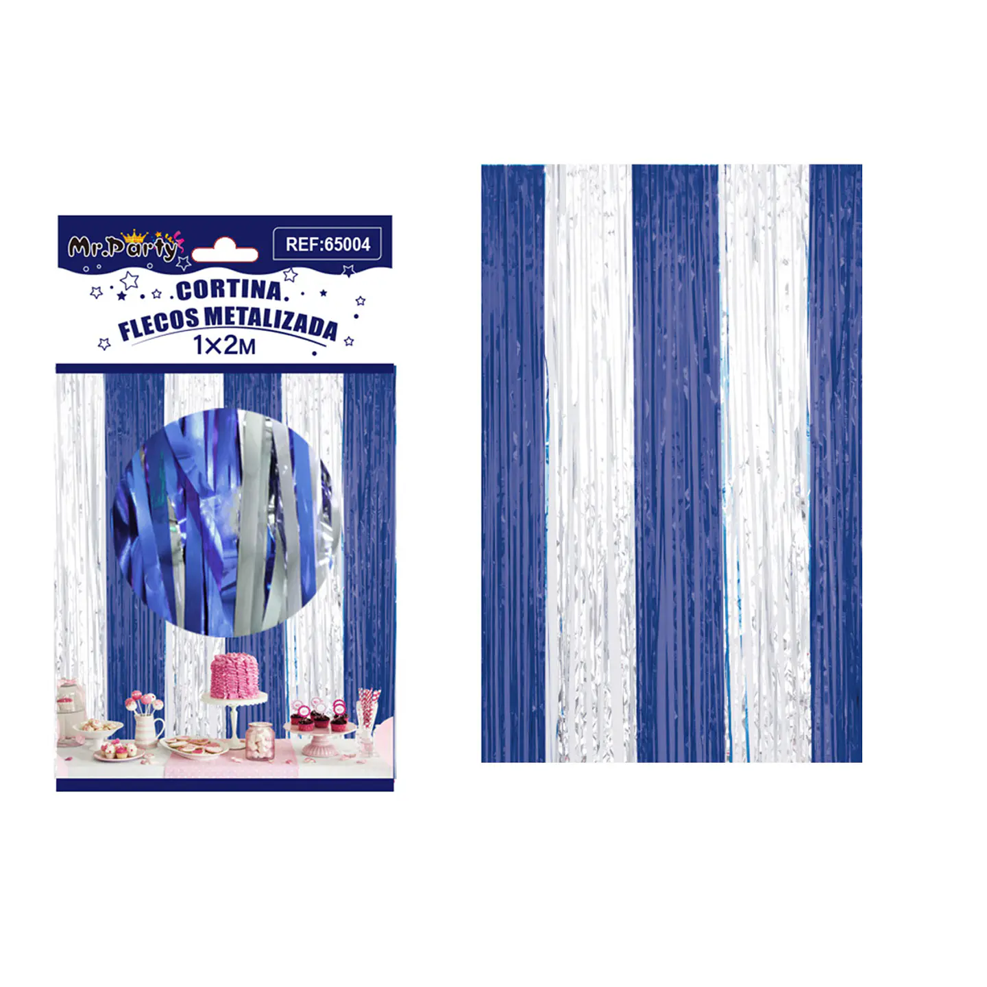 Cortina de flecos metalizada azul y plateado 1m*2m 1