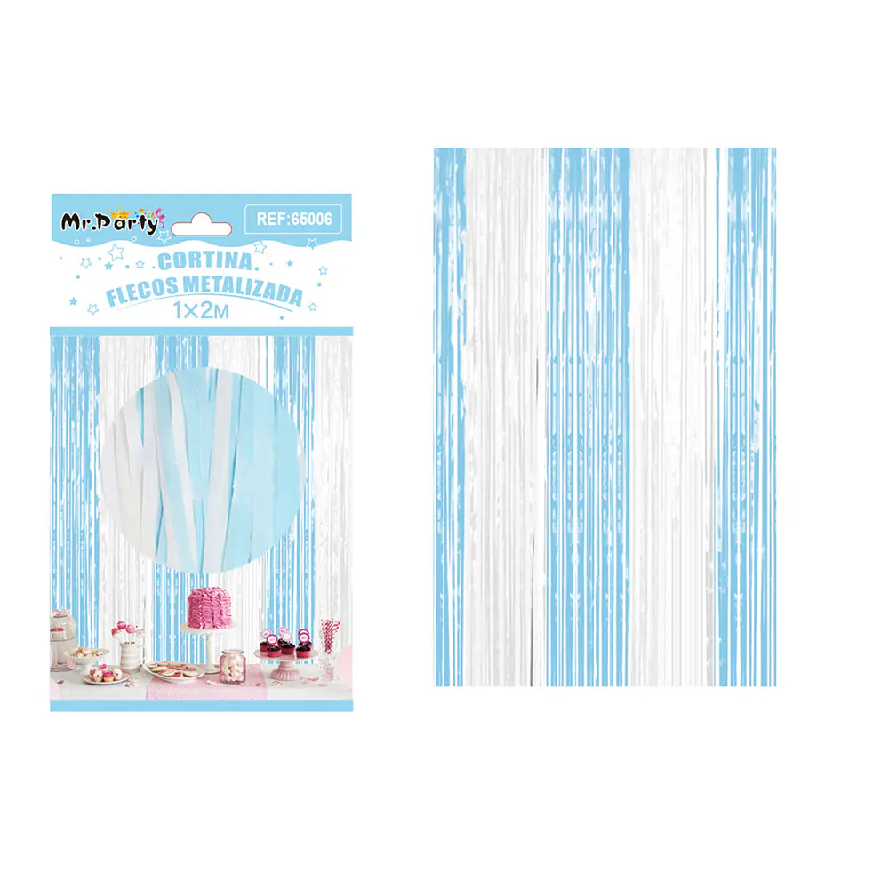 Cortina de flecos metalizada celeste y blanco 1m*2m