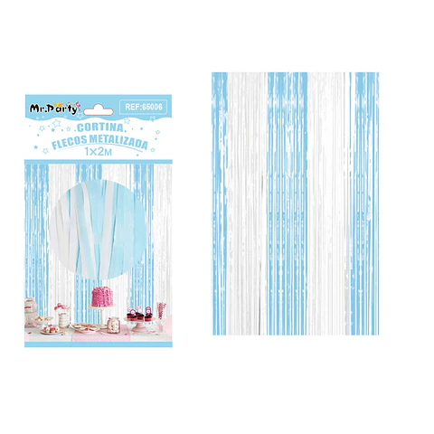 Cortina de flecos metalizada celeste y blanco 1m*2m