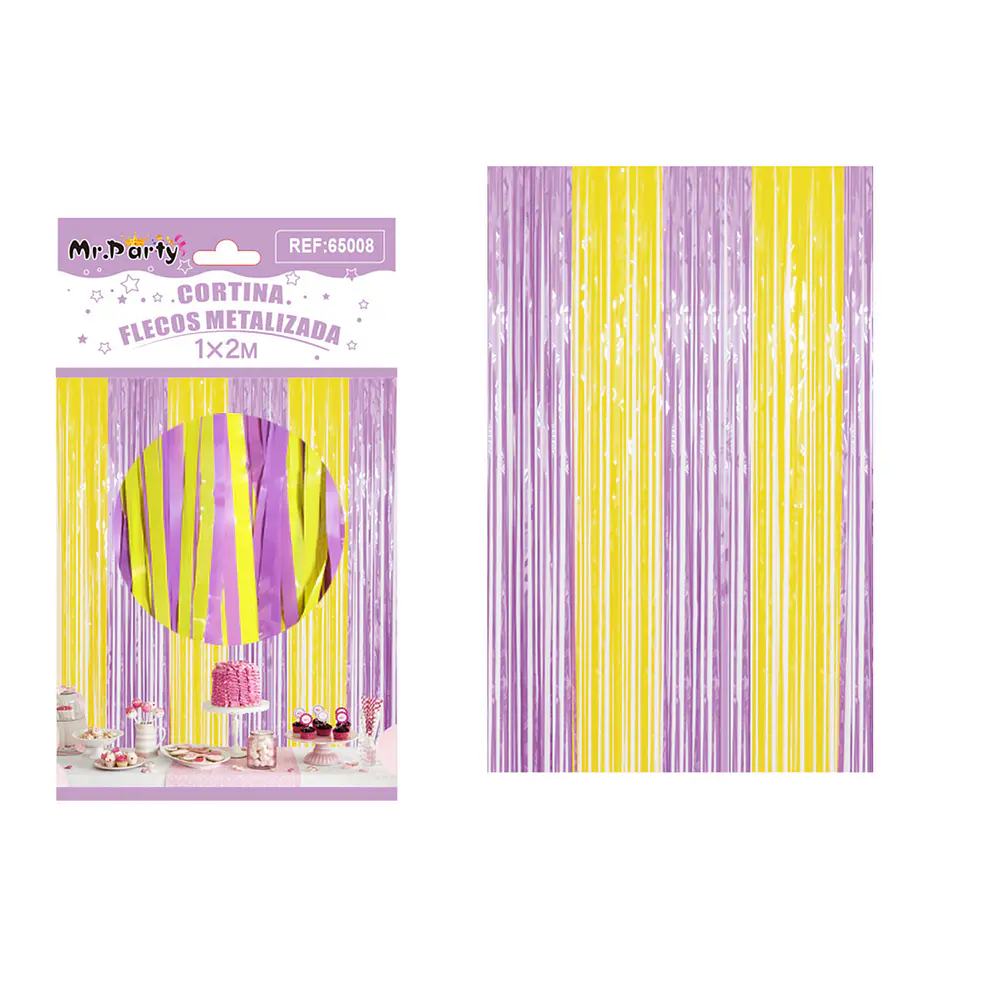 Cortina de flecos metalizada amarillo y morado 1m*2m
