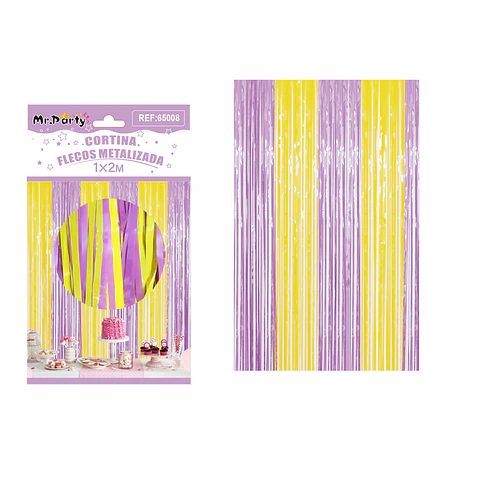 Cortina de flecos metalizada amarillo y morado 1m*2m