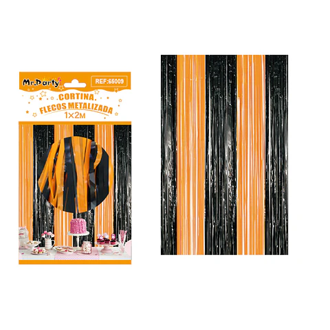Cortina de flecos metalizada naranja y negro 1m*2m