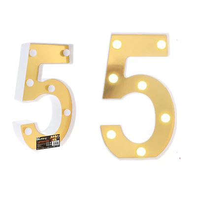 Número 5 dorado con luz LED 22cm