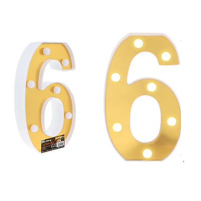 Número 6 dorado con luz LED 22cm