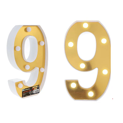 Número 9 dorado con luz LED 22cm