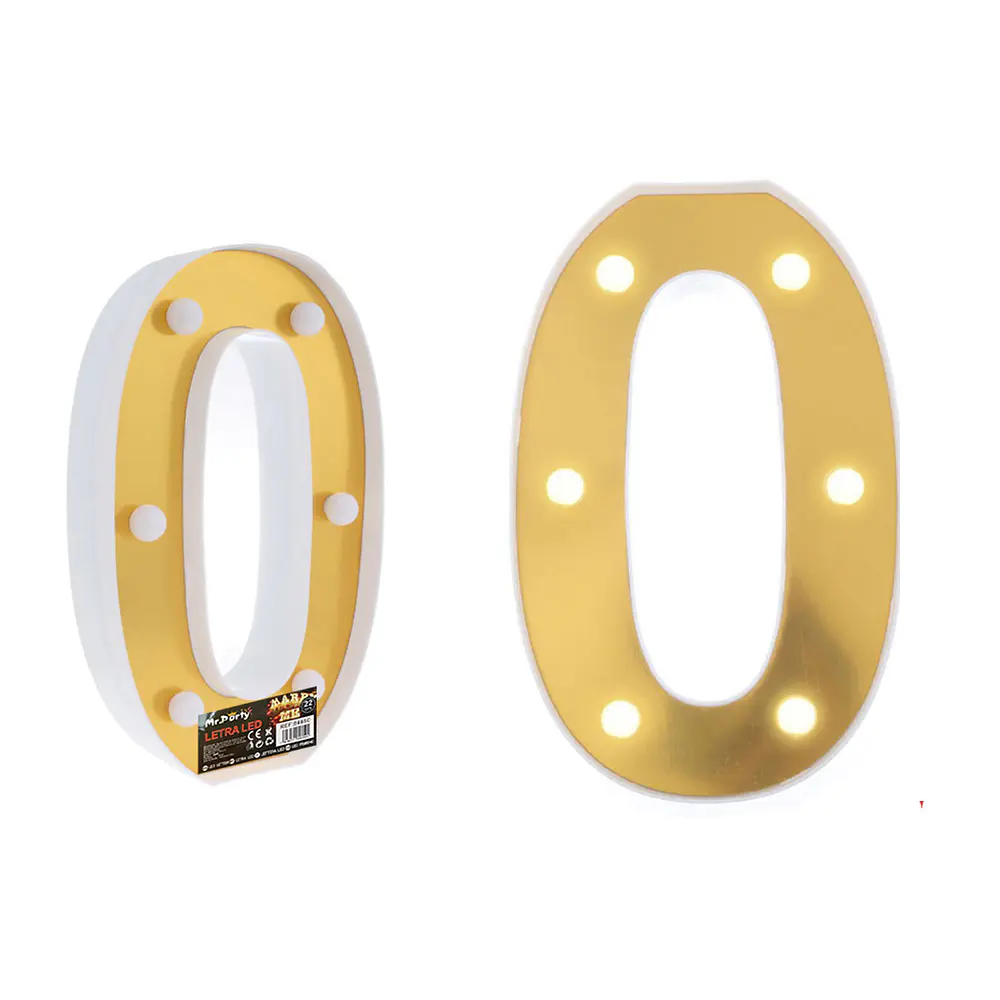 Número 0 dorado con luz LED 22cm
