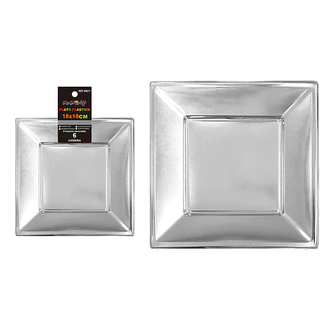 Platos plásticos cuadrado plateado 18cm 6pcs