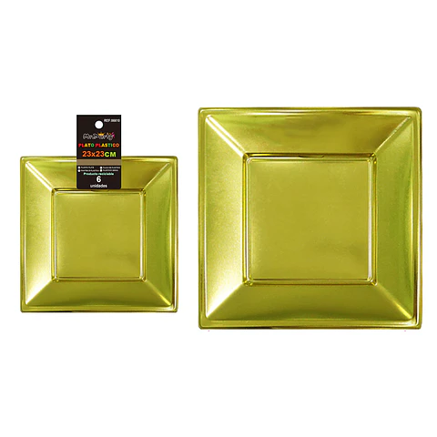 Platos plásticos cuadrado dorado 23cm 6pcs