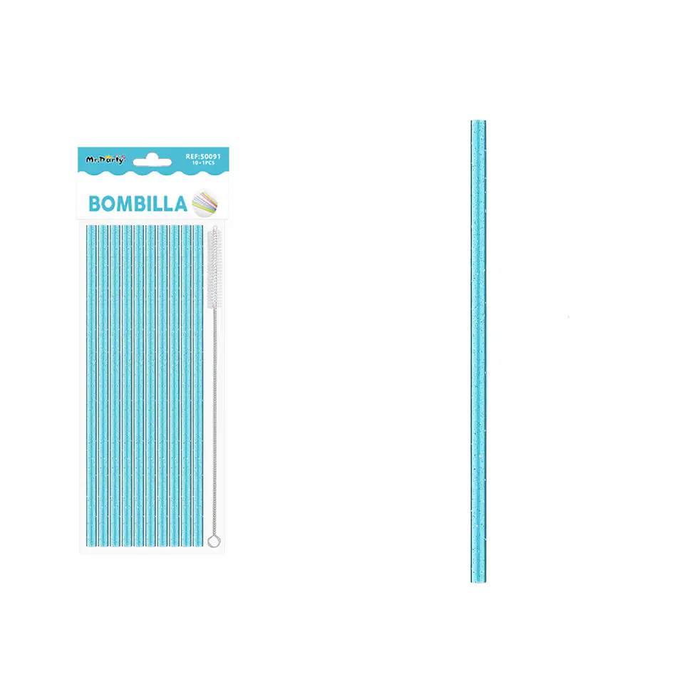 Bombilla reutilizable con brillantina azul 23cm*0.6cm 10pcs + cepillo 1