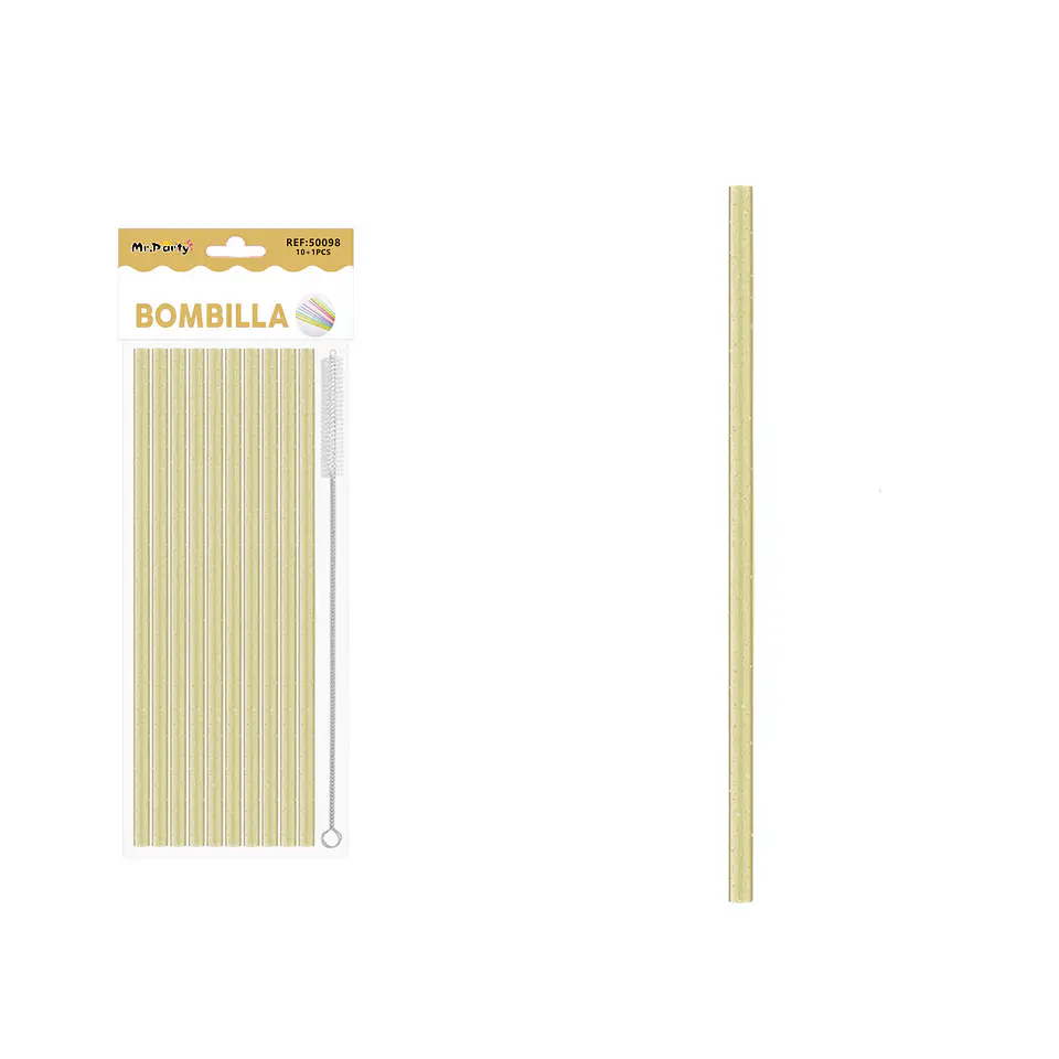 Bombilla reutilizable con brillantina dorada 23cm*0.6cm 10pcs + cepillo 1