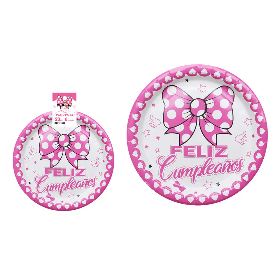 Platos de papel rosa cumpleaños con lazo para niña 23cm 6pcs 1