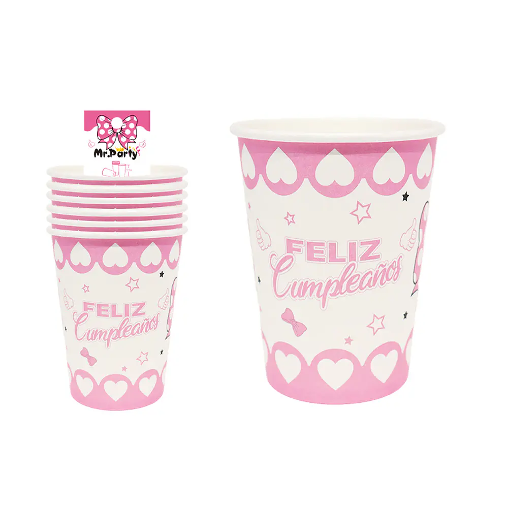 Vasos de papel rosa cumpleaños con lazo para niña 6pcs