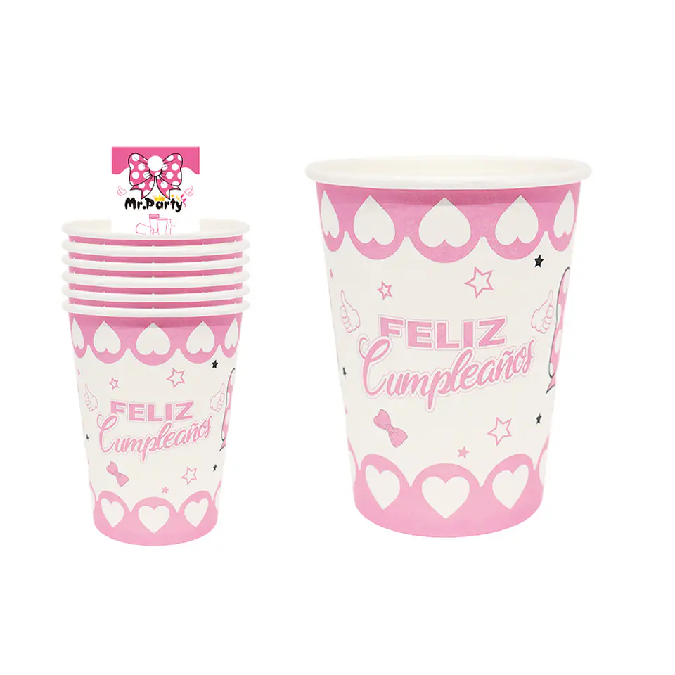 Vasos de papel rosa cumpleaños con lazo para niña 6pcs 1