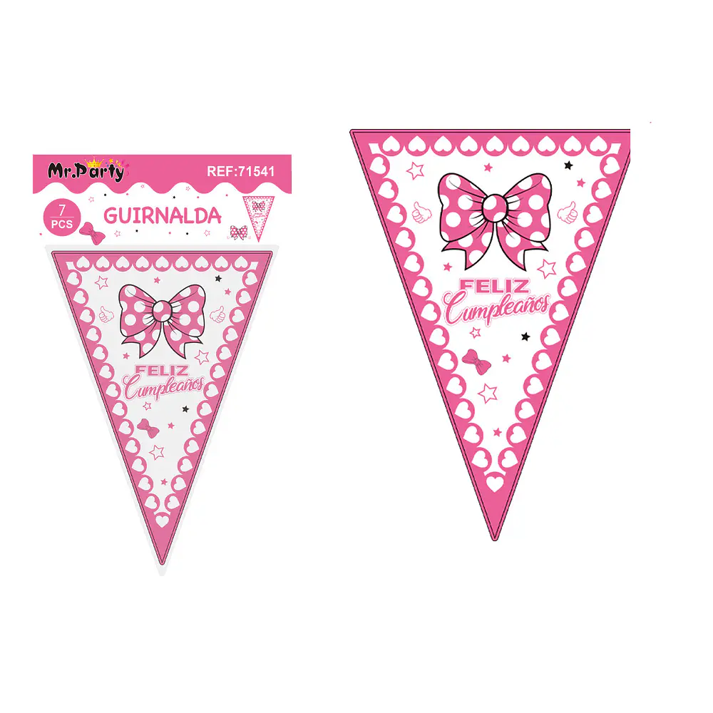Banderines triangulares rosa cumpleaños con lazo para niña 14*20cm 7pcs