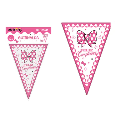 Banderines triangulares rosa cumpleaños con lazo para niña 14*20cm 7pcs