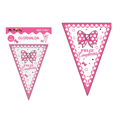 Banderines triangulares rosa cumpleaños con lazo para niña 14*20cm 7pcs