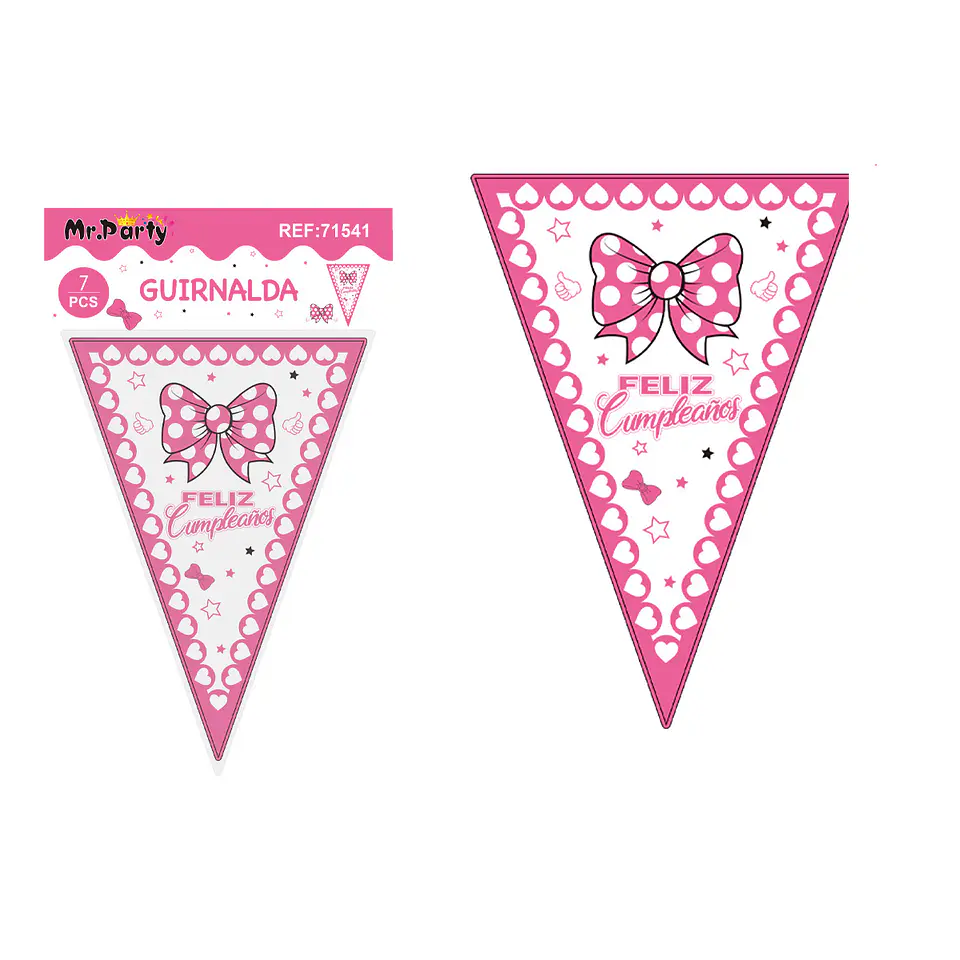 Banderines triangulares rosa cumpleaños con lazo para niña 14*20cm 7pcs 1