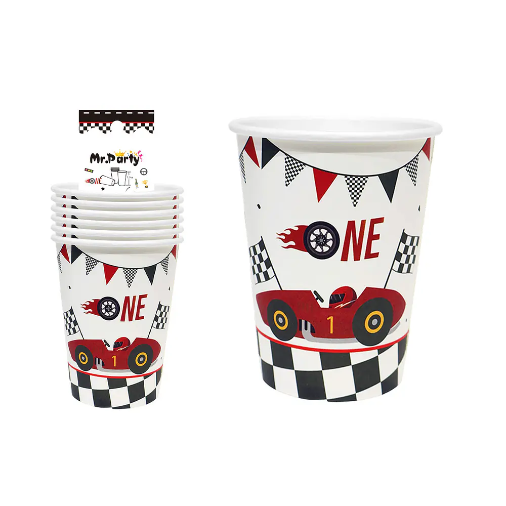 Vasos de papel carreras cuadros rojos 6pcs