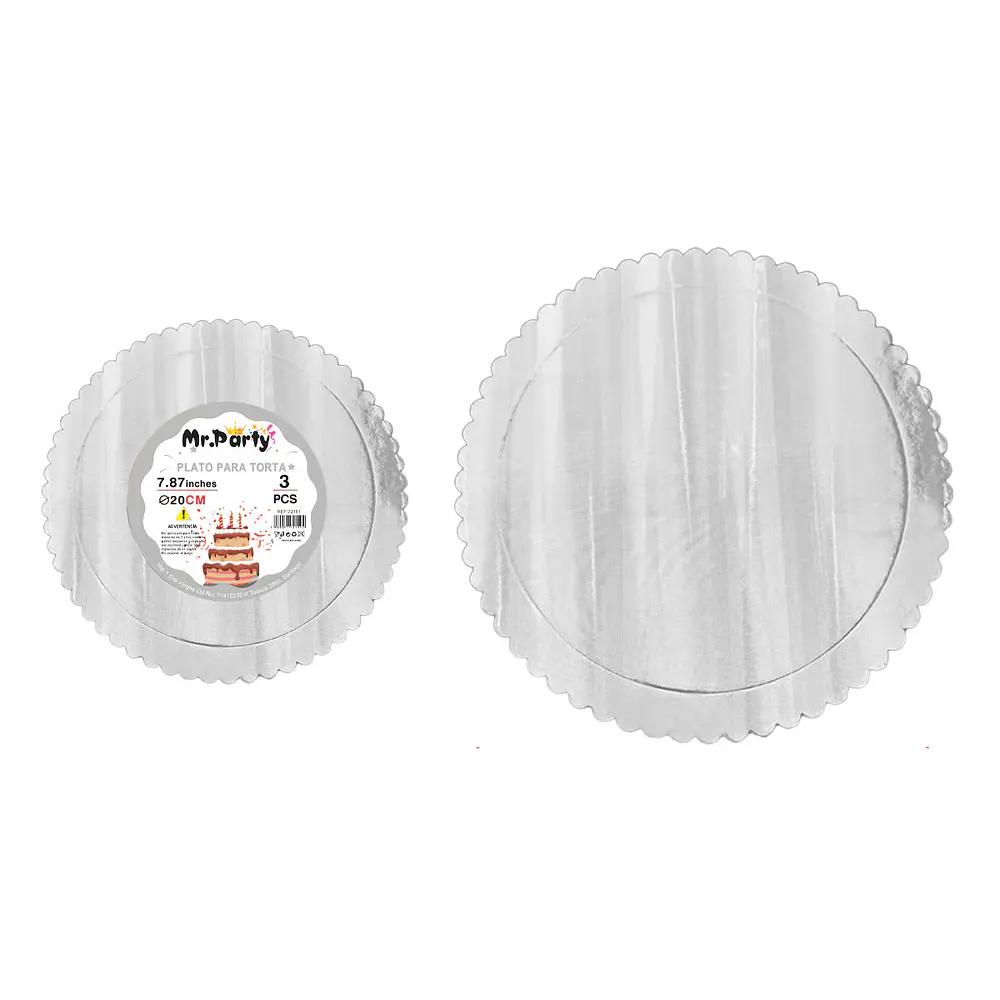 Bandeja base de torta plateada holográfica con borde ondulado 2mm*20cm 3pcs