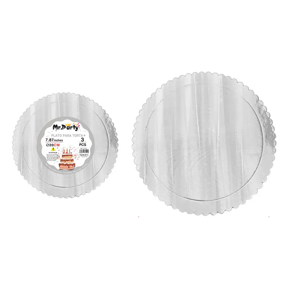 Bandeja base de torta plateada holográfica con borde ondulado 2mm*20cm 3pcs 1