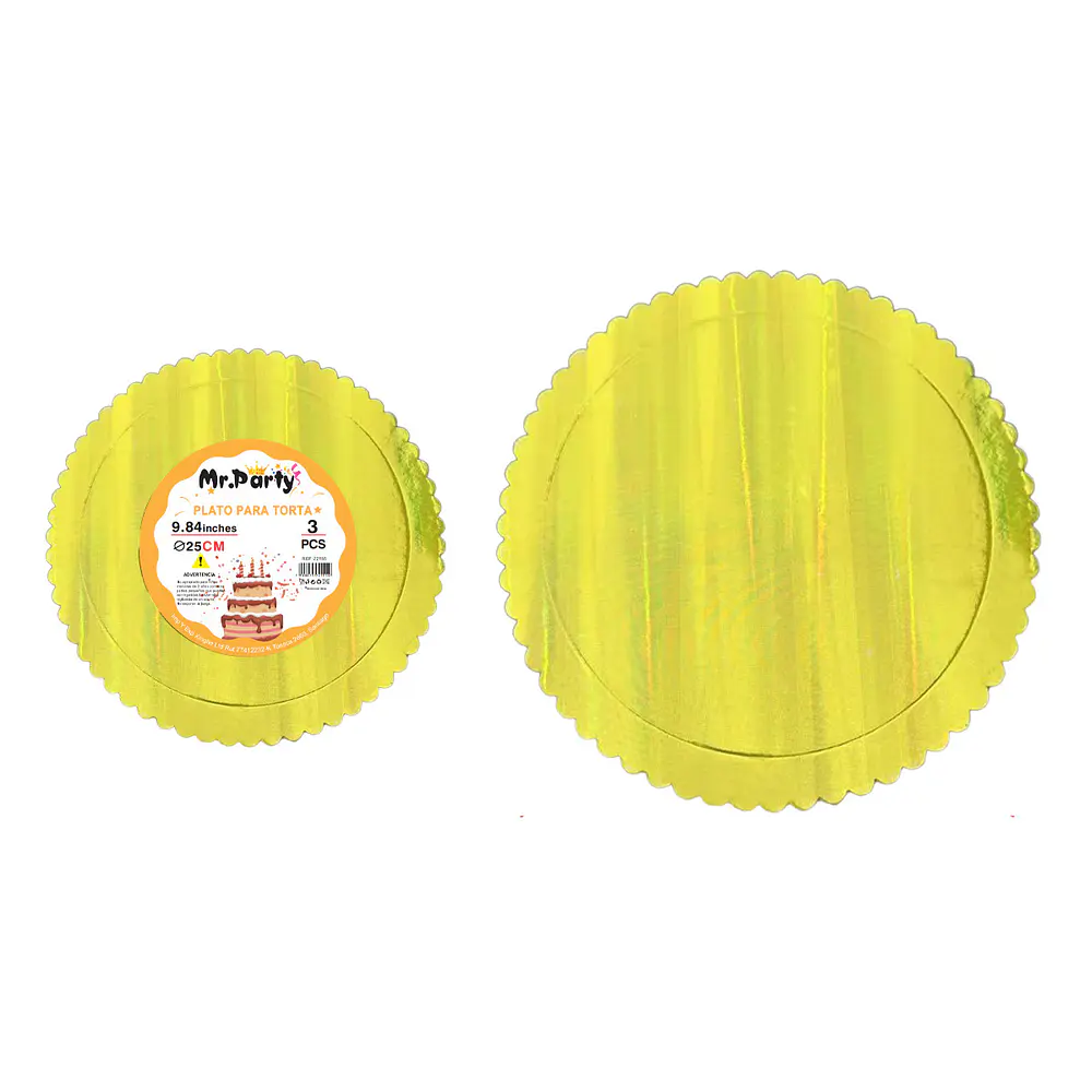 Bandeja base de torta dorada holográfica con borde ondulado 2mm*25cm 3pcs