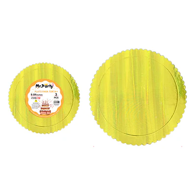 Bandeja base de torta dorada holográfica con borde ondulado 2mm*25cm 3pcs