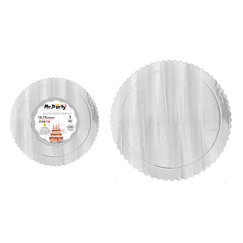Bandeja base de torta plateada holográfica con borde ondulado 2mm*40cm 1pc