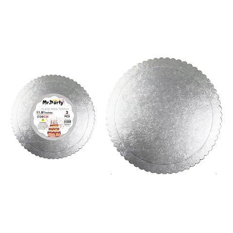 Bandeja base para torta con borde ondulado plateado 2mm*30cm 3pcs