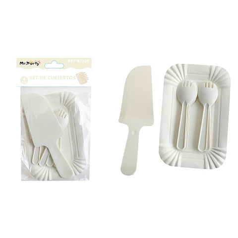 Set de servicios con platos y cubiertos blanco marfil 6pcs
