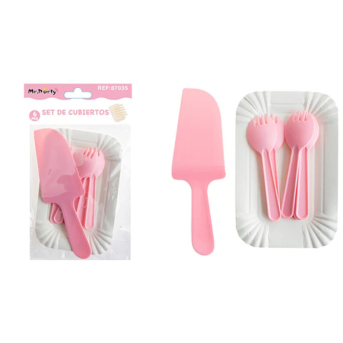 Set de servicios con platos y cubiertos rosa 6pcs