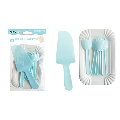 Set de servicios con platos y cubiertos azul claro 6pcs
