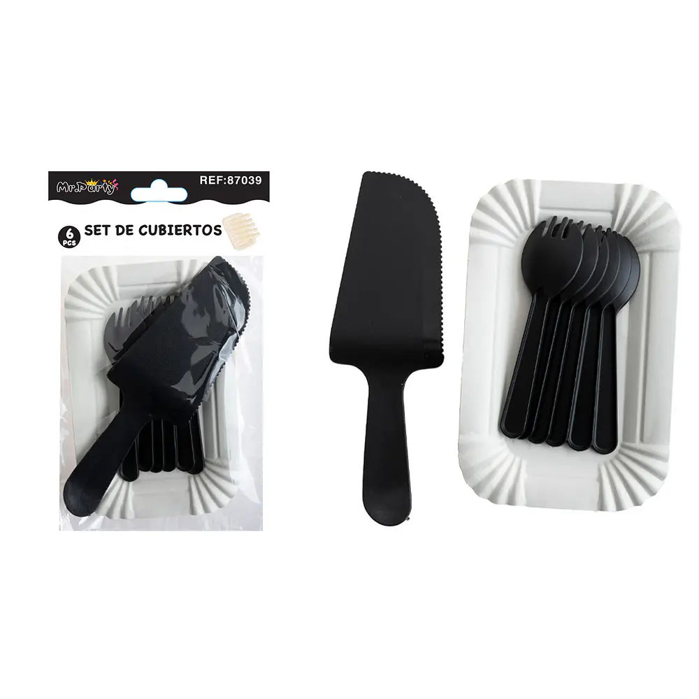 Set de servicios con platos y cubiertos negro 6pcs