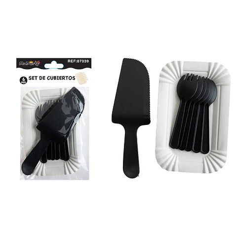 Set de servicios con platos y cubiertos negro 6pcs