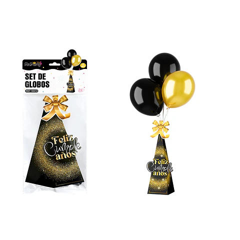 Centro de mesa con globos Feliz Cumpleaños negro y dorado 8pcs