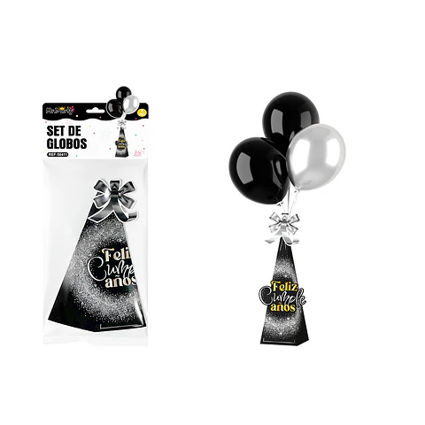 Centro de mesa con globos Feliz Cumpleaños negro y plateado 8pcs