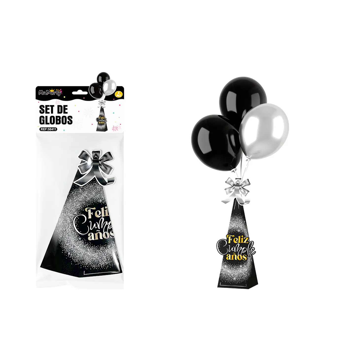 Centro de mesa con globos Feliz Cumpleaños negro y plateado 8pcs 1