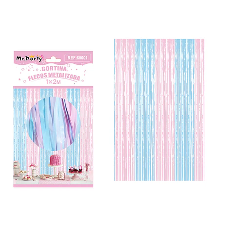 Cortina flecos metalizada celeste y rosado 1*2m