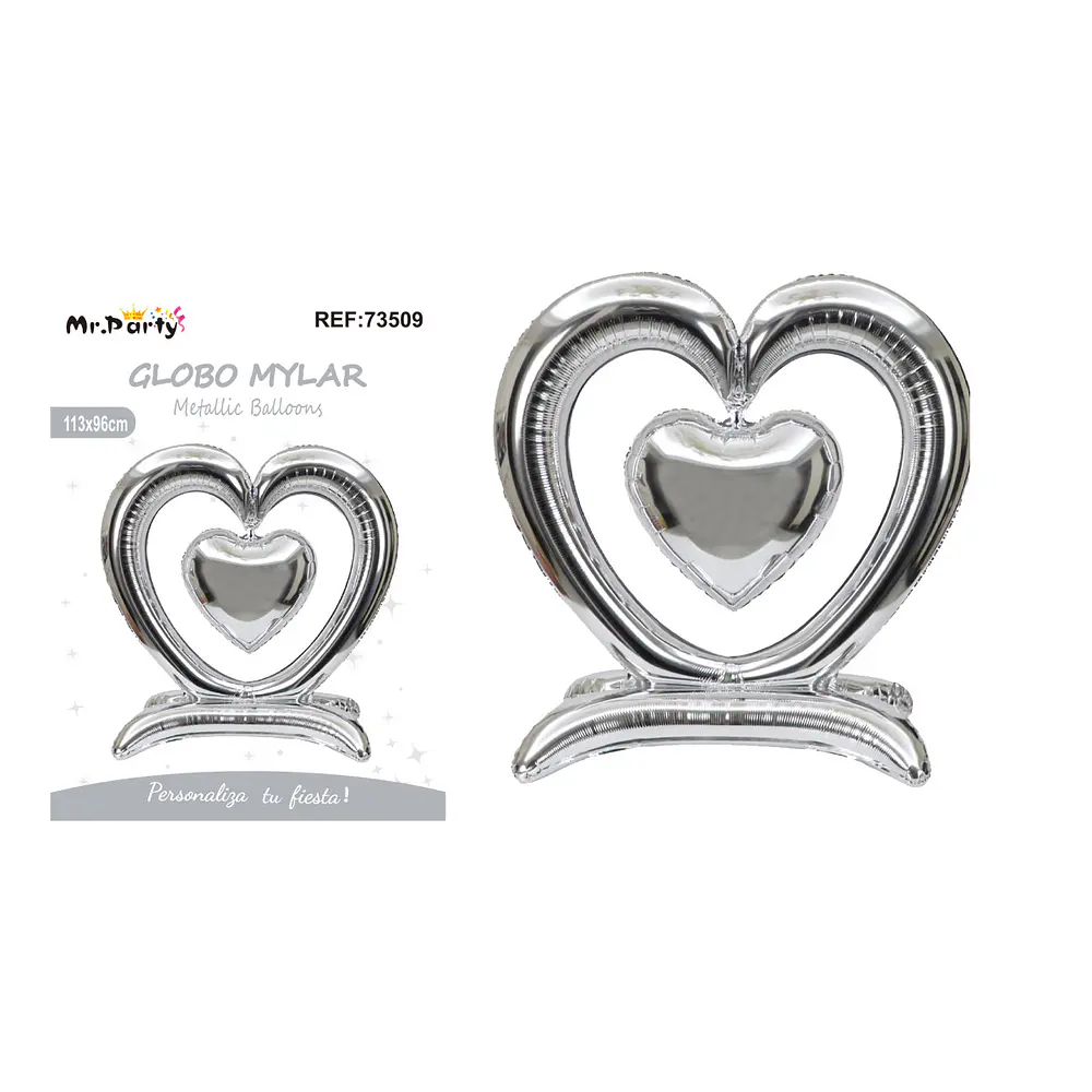 Globo metálico 3D doble corazón plateado 113*96cm
