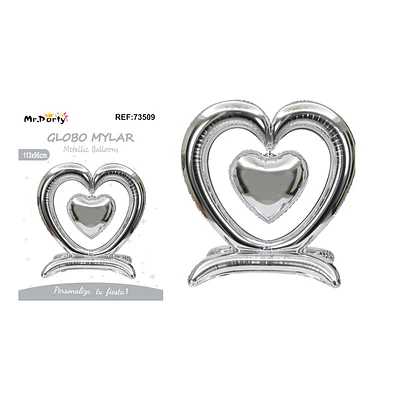 Globo metálico 3D doble corazón plateado 113*96cm