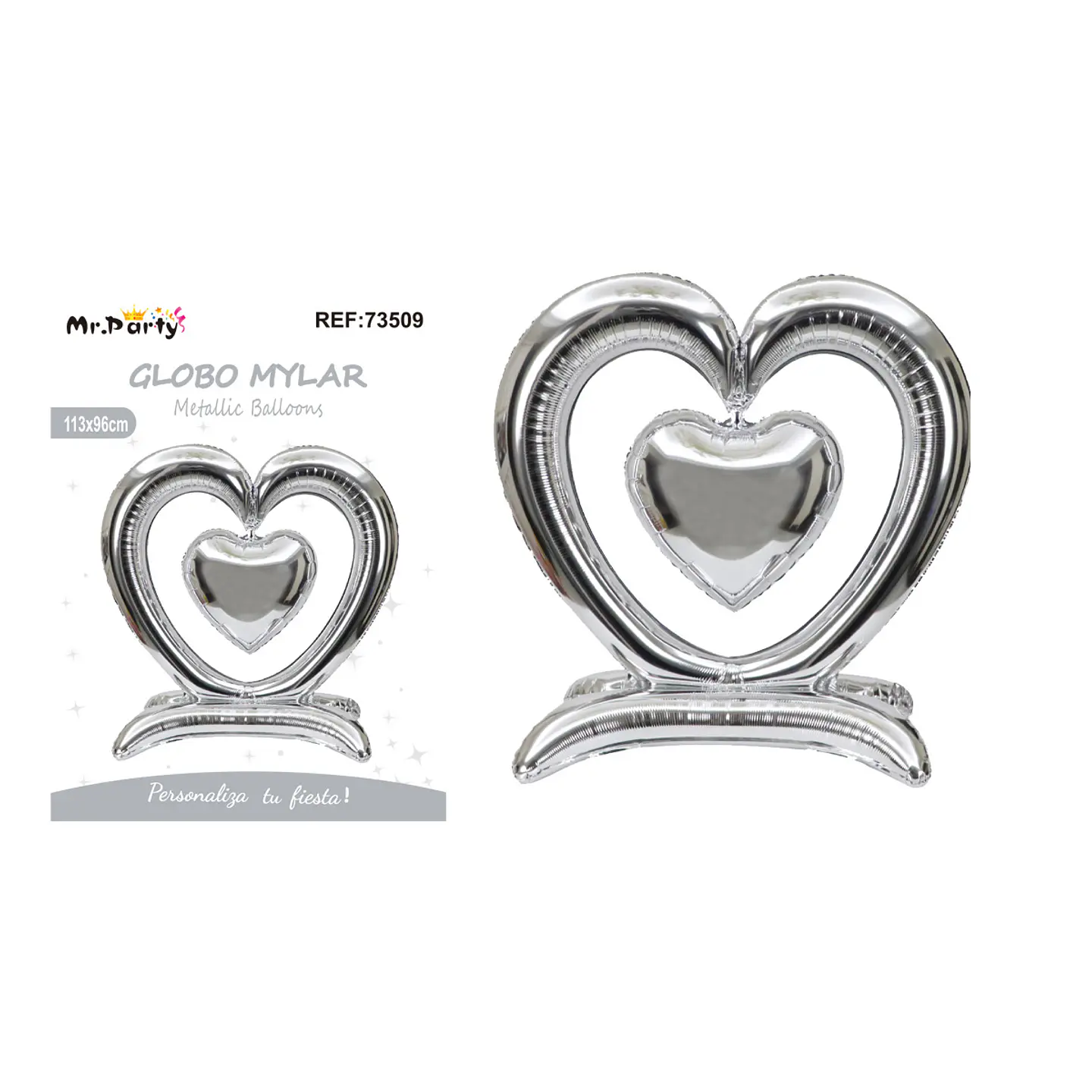 Globo metálico 3D doble corazón plateado 113*96cm 1