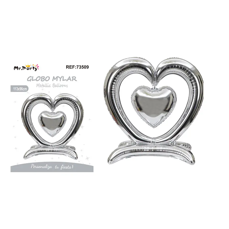 Globo metálico 3D doble corazón plateado 113*96cm 1