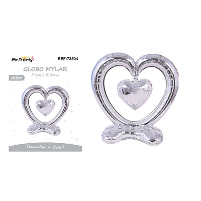 Globo metálico 3D doble corazón plateado 45*38cm
