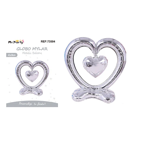 Globo metálico 3D doble corazón plateado 45*38cm