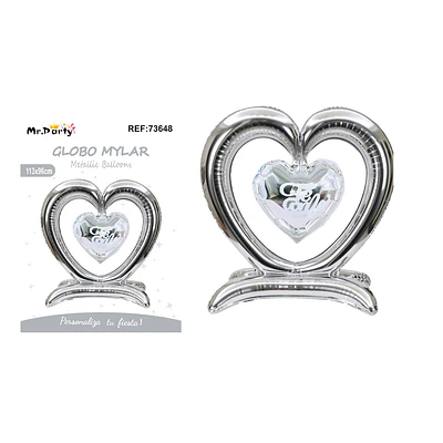 Globo metálico 3D doble corazón plateado 113*96cm