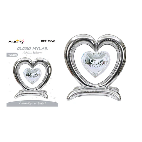 Globo metálico 3D doble corazón plateado 113*96cm
