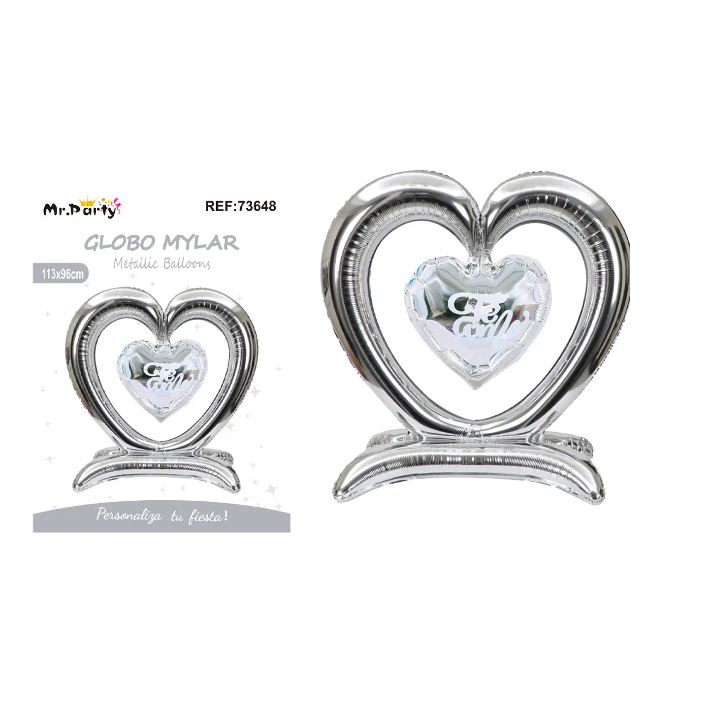 Globo metálico 3D doble corazón plateado 113*96cm 1