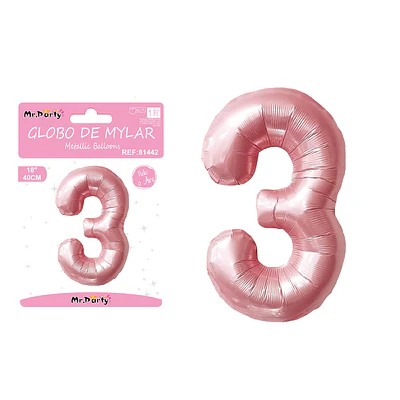 Globo metálico de número 3 rosado perlado 40cm