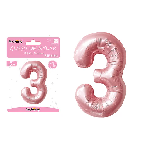 Globo metálico de número 3 rosado perlado 40cm
